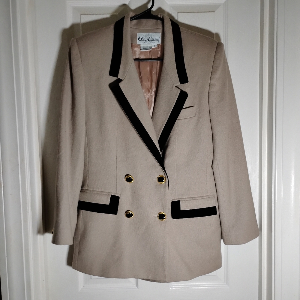 vtg. Oleg Cassini Tan Black Wool Double Breasted Lined Blazer